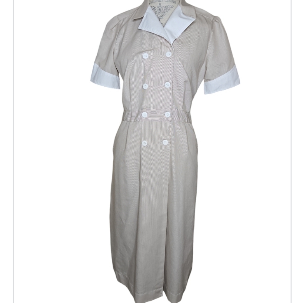 Red Kap Double Breasted Lapel Dress Tan & White Pincord Size S